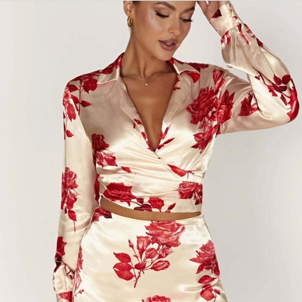 Meshki Red Floral Wrap Blouse